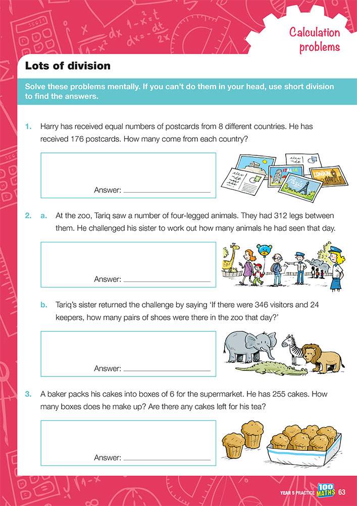 Three division word problems with space to write answers, supported by cartoon illustrations of postcards