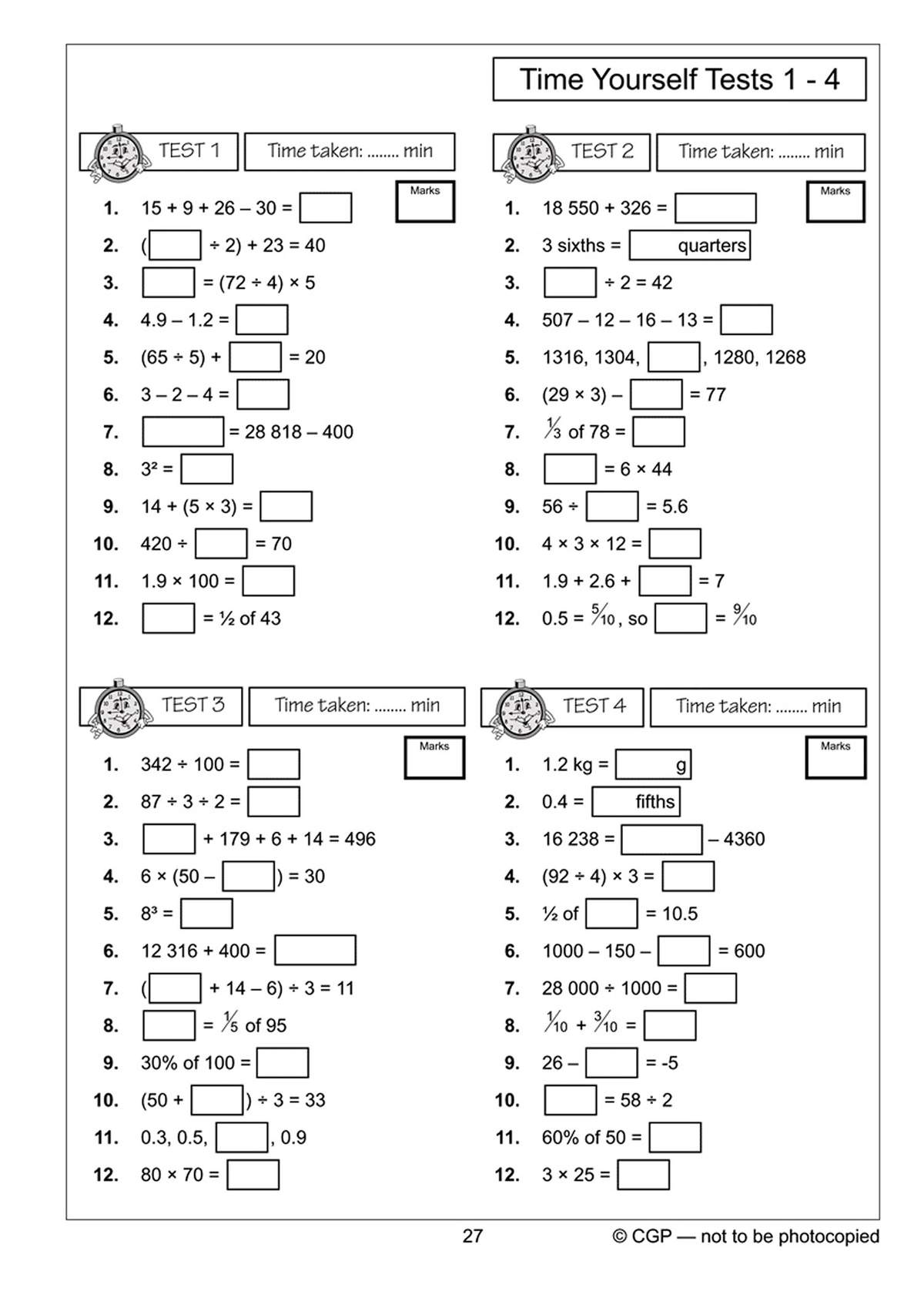 Four timed tests with 12 questions each covering mental arithmetic, fractions, decimals and percentages