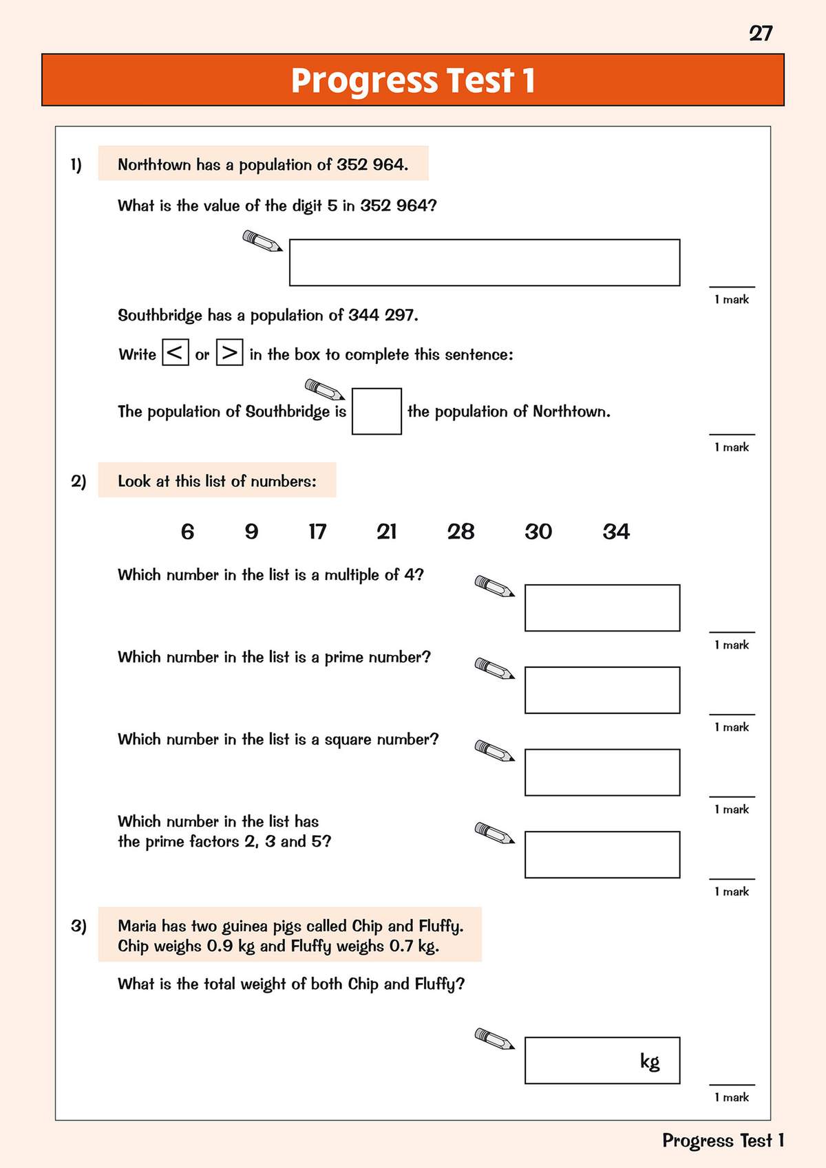 A progress test with six questions on place value, prime factors and addition, requiring children to write answers in boxes