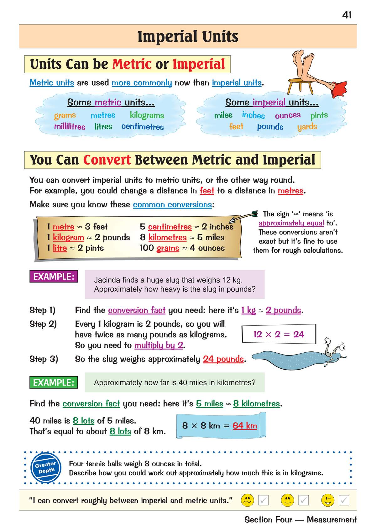 Clear notes on converting between metric and imperial units, with worked examples using a slug and tennis balls