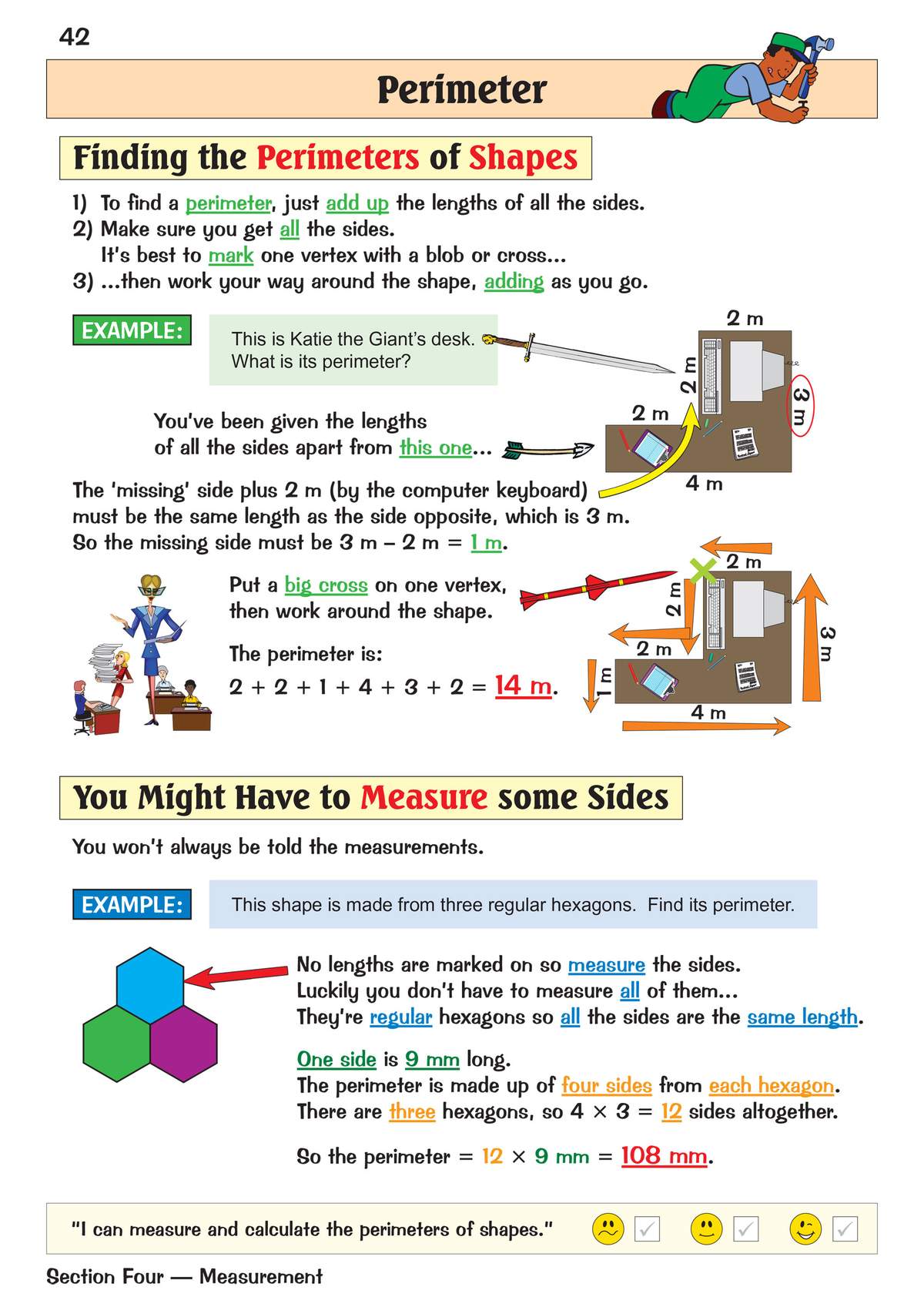 This page explains how to find the perimeter of shapes using worked examples with cartoon characters and diagrams