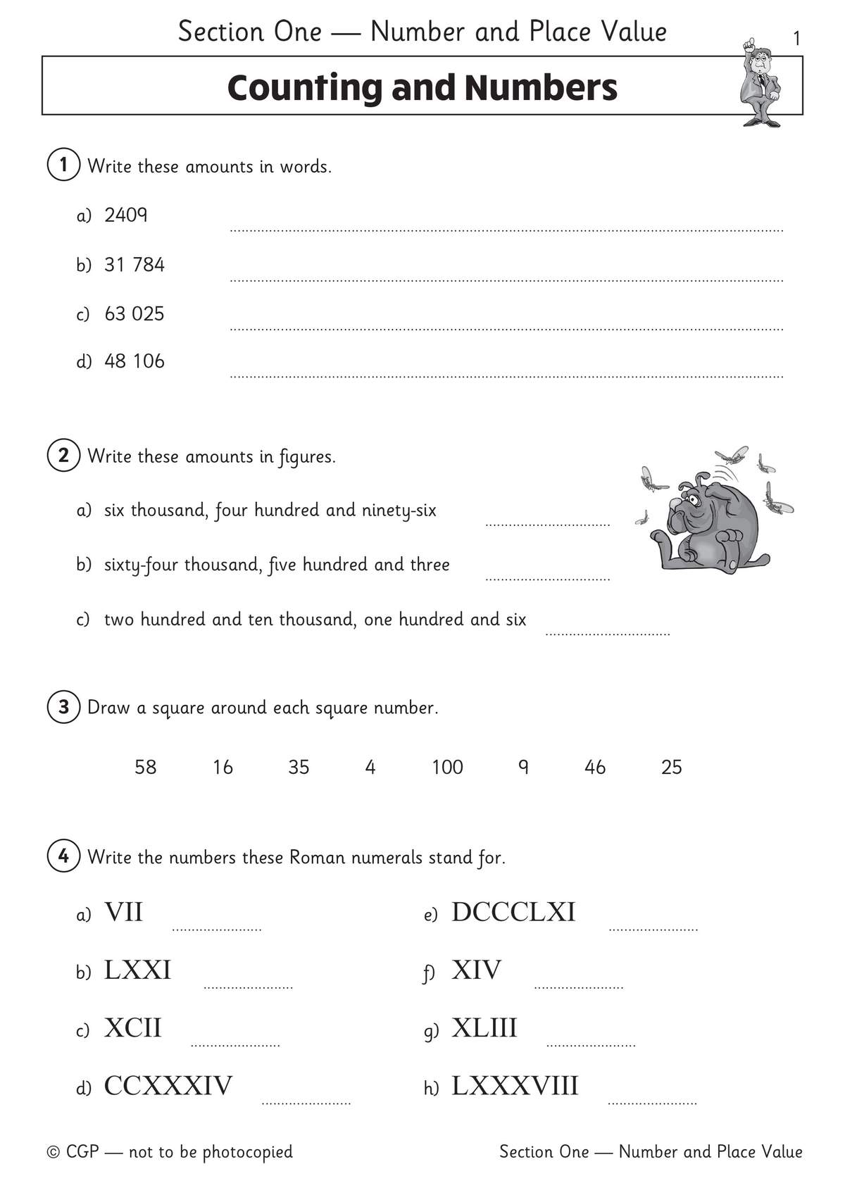 Children write numbers in words and figures, circle square numbers, and convert Roman numerals to digits