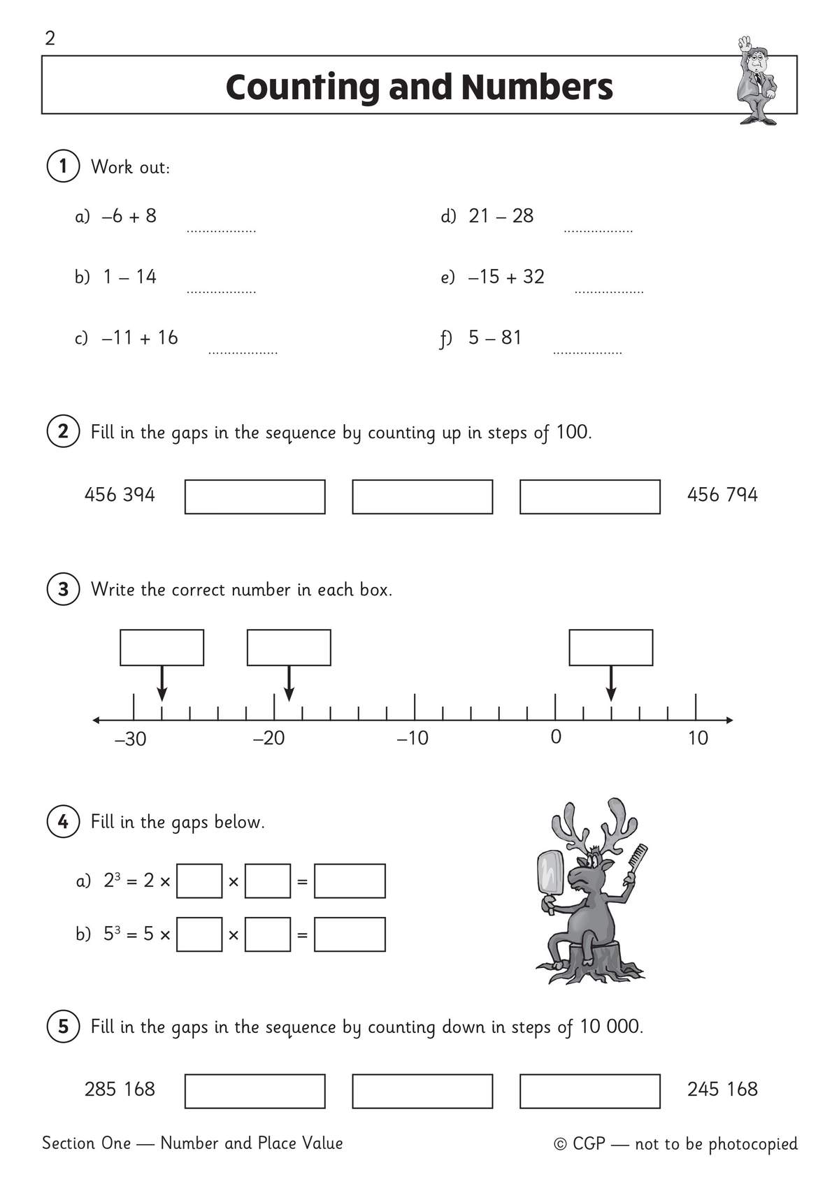 Five exercises on negative numbers and sequences, including addition, subtraction, and number lines