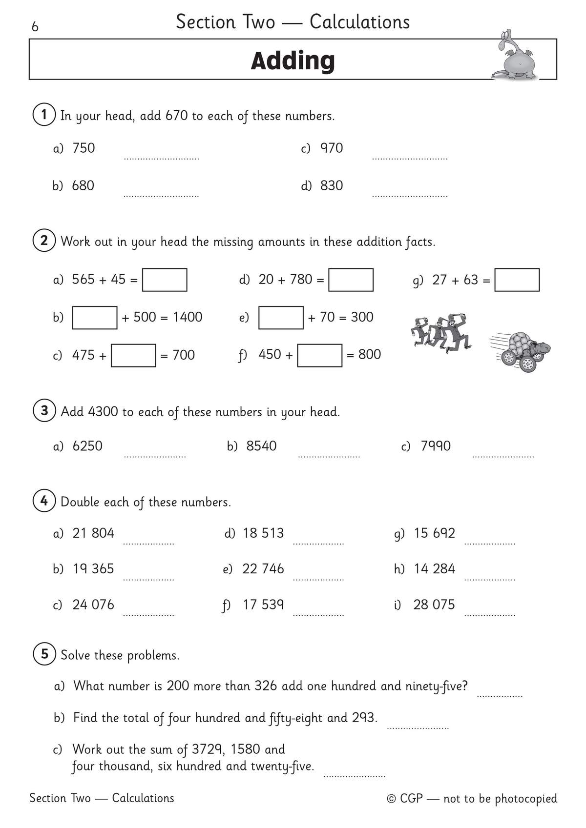 Five sections of mental and written addition practice, including doubling four-digit numbers and solving word problems