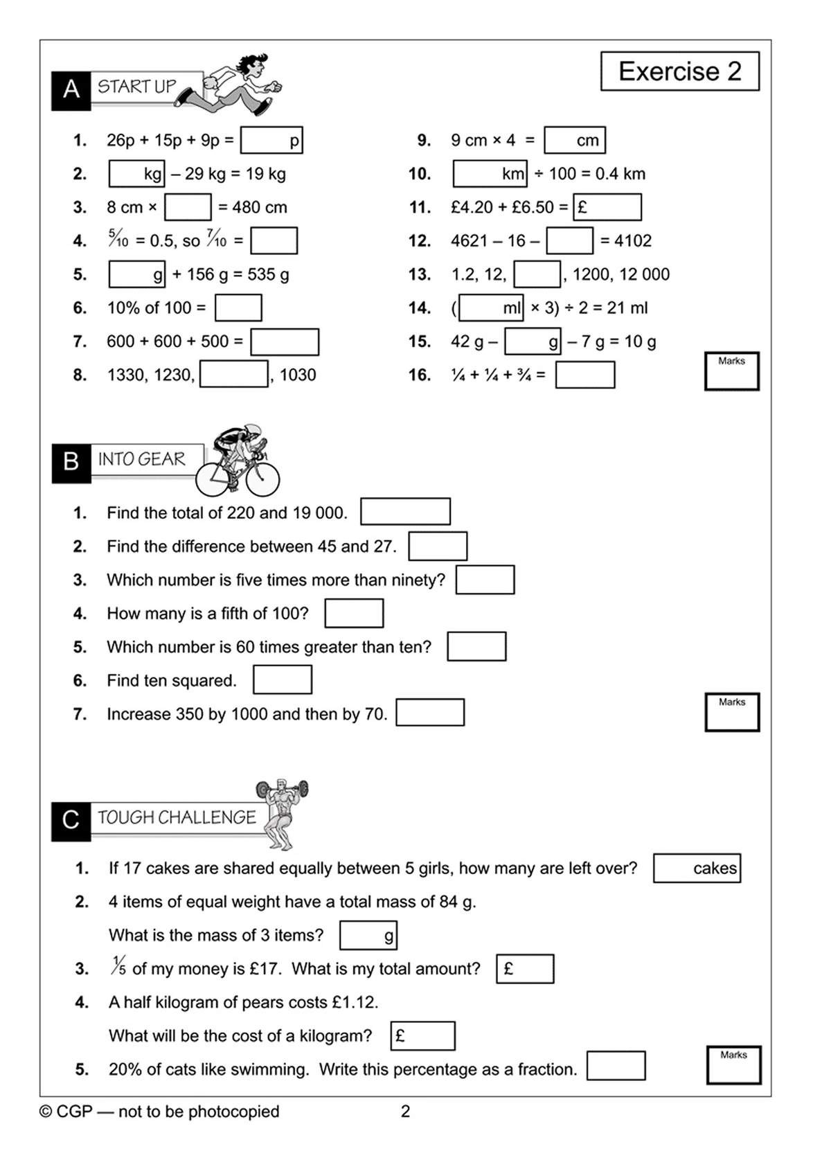 A page of 16 mental maths questions covering addition, subtraction, multiplication, division, fractions and percentages