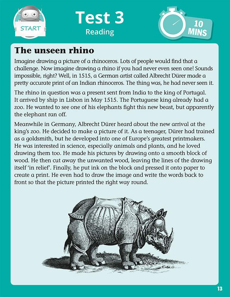 A reading passage about Albrecht D&uuml;rer drawing a rhino he had never seen, accompanied by a detailed illustration of