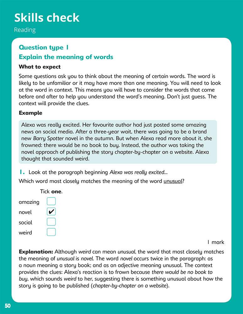A worked example shows how to find the meaning of 'unusual' in a text, with a multiple-choice question and a detailed