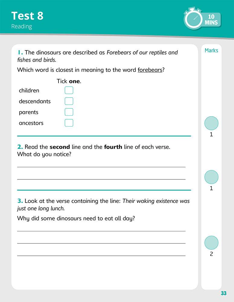 A timed reading test with a vocabulary question, a line-analysis task, and a comprehension question about dinosaurs