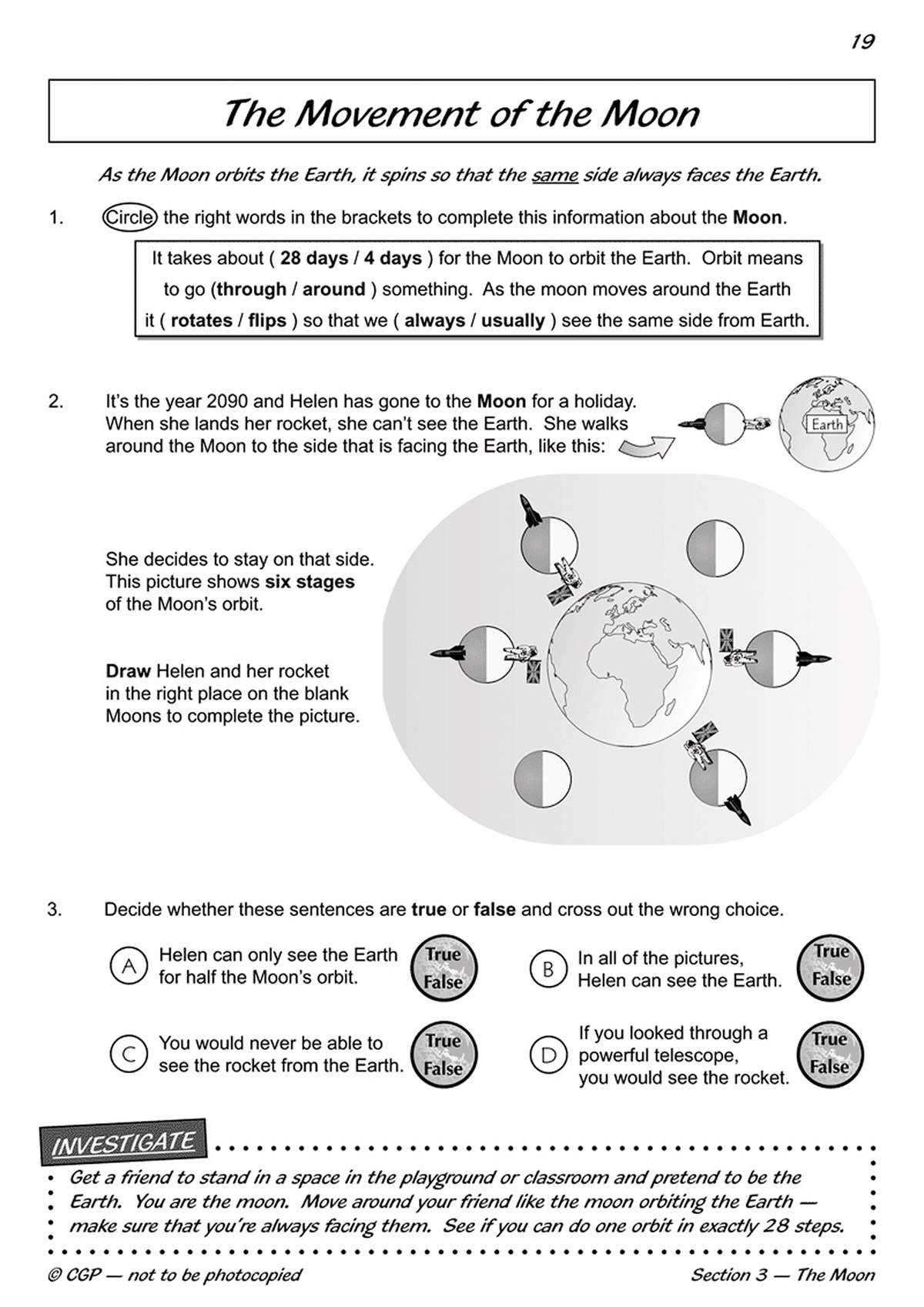 Children circle words to complete facts about the Moon, draw a rocket on a diagram, and judge statements as true or false