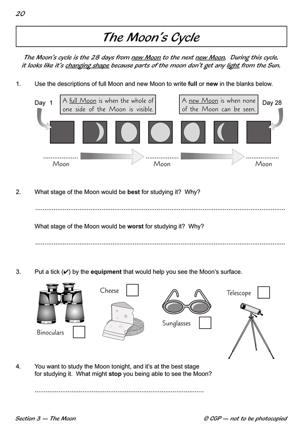 Children write full or new, answer questions about studying the Moon, tick equipment to see it
