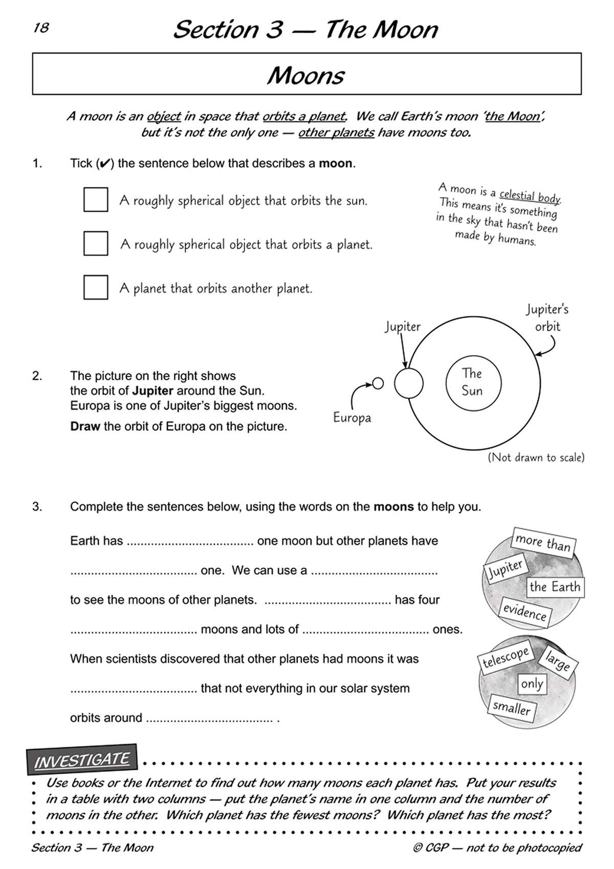 Children tick the definition of a moon, draw Europa's orbit, and complete sentences using word banks about the solar system