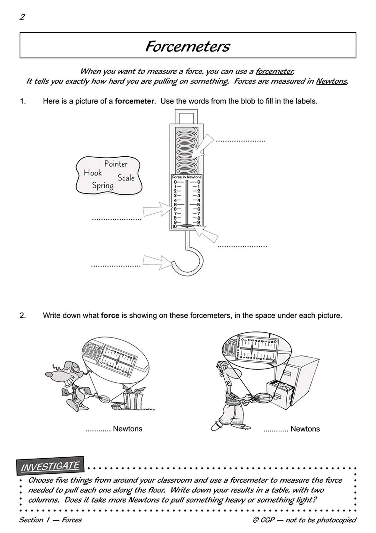 Children label parts of a forcemeter, read scales from cartoon drawings, and plan a classroom investigation into pulling