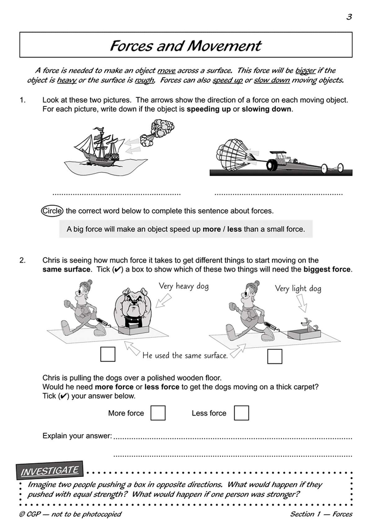 A page on forces and movement with questions about speeding up, heavy objects, and surfaces