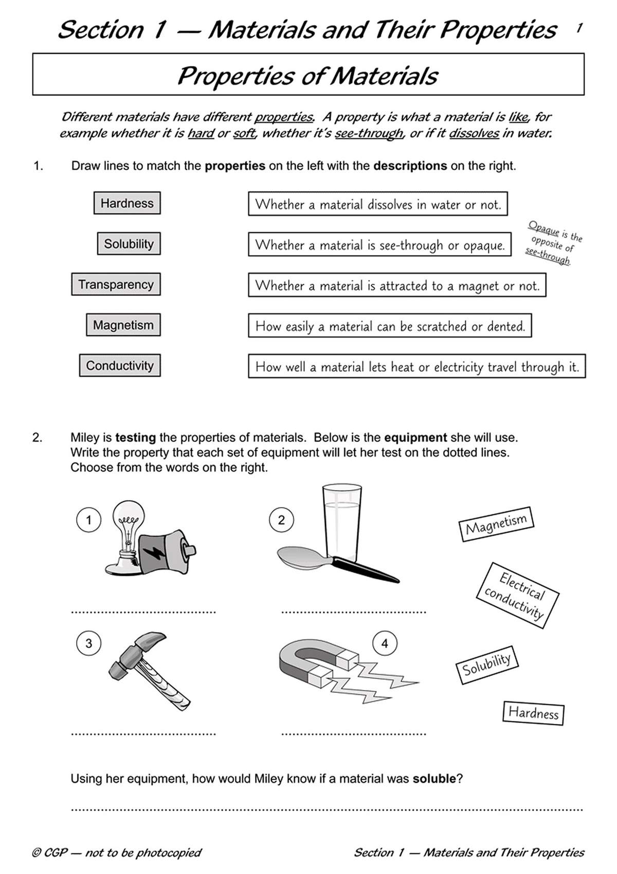 Children match material properties to definitions and identify which equipment tests specific properties
