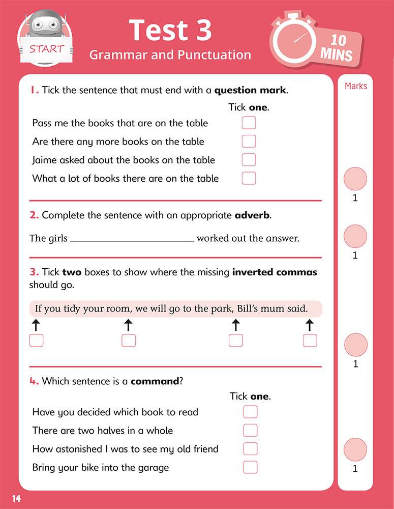 Four short grammar questions on question marks, adverbs, commas and commands, with boxes to tick or fill in