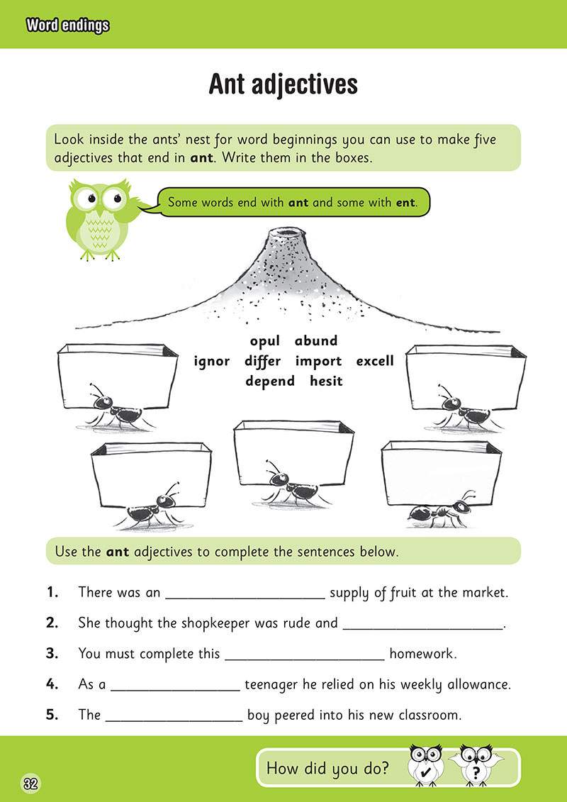 Children match word beginnings to make five adjectives, then complete five sentences using the correct words