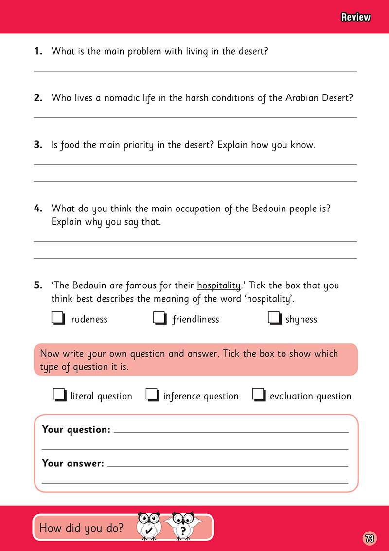 Five short-answer questions about Bedouin life and a vocabulary task on 'hospitality'