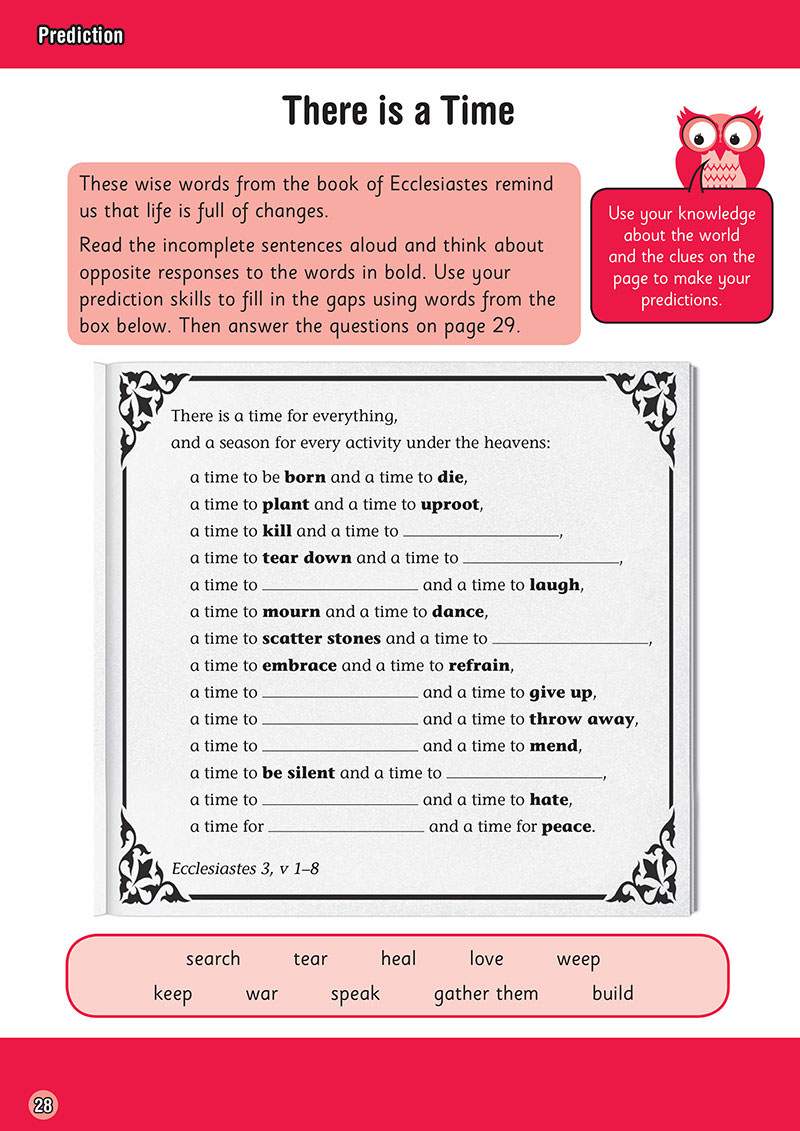 Children complete a gap-fill exercise using a word bank to find opposite words in a biblical text