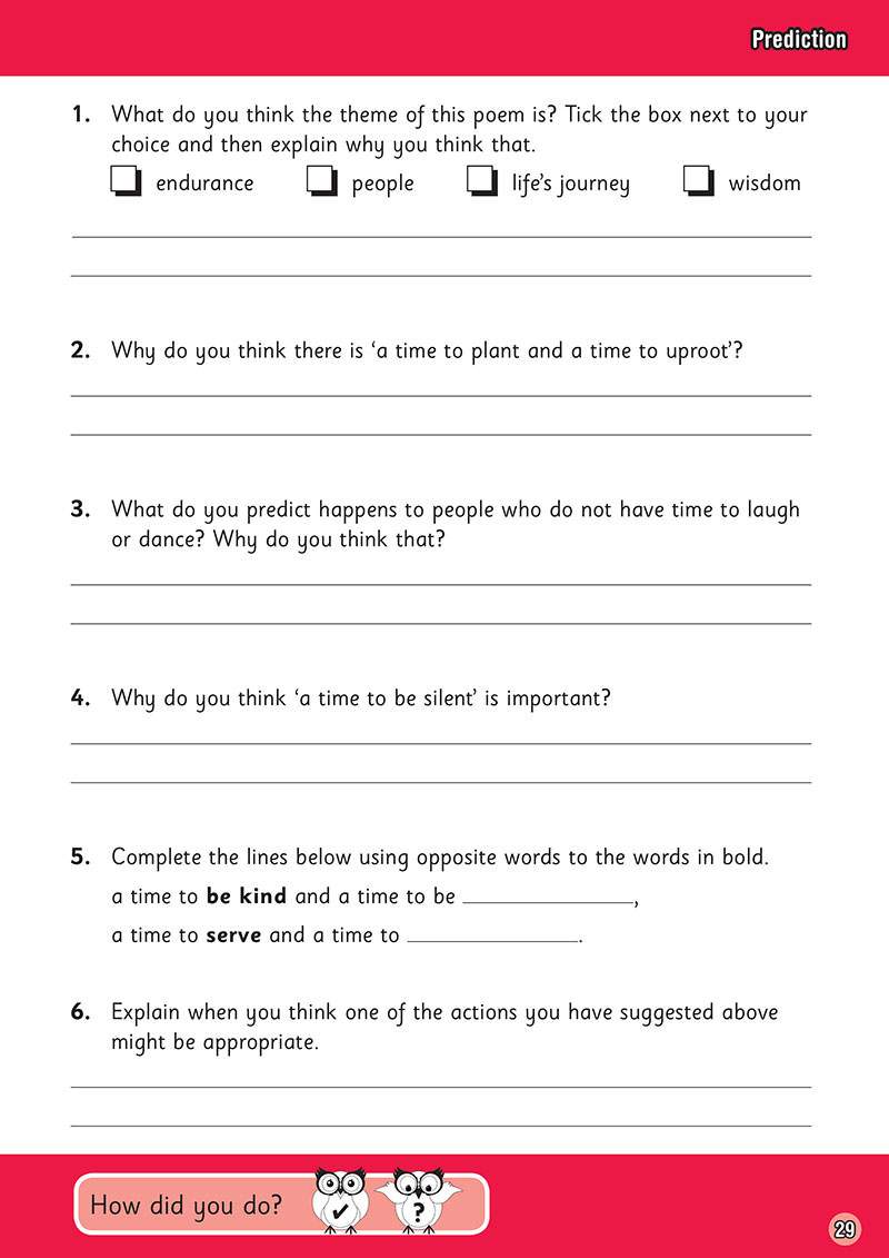 Six questions ask children to identify a poem's theme, predict outcomes, and use antonyms to complete sentences