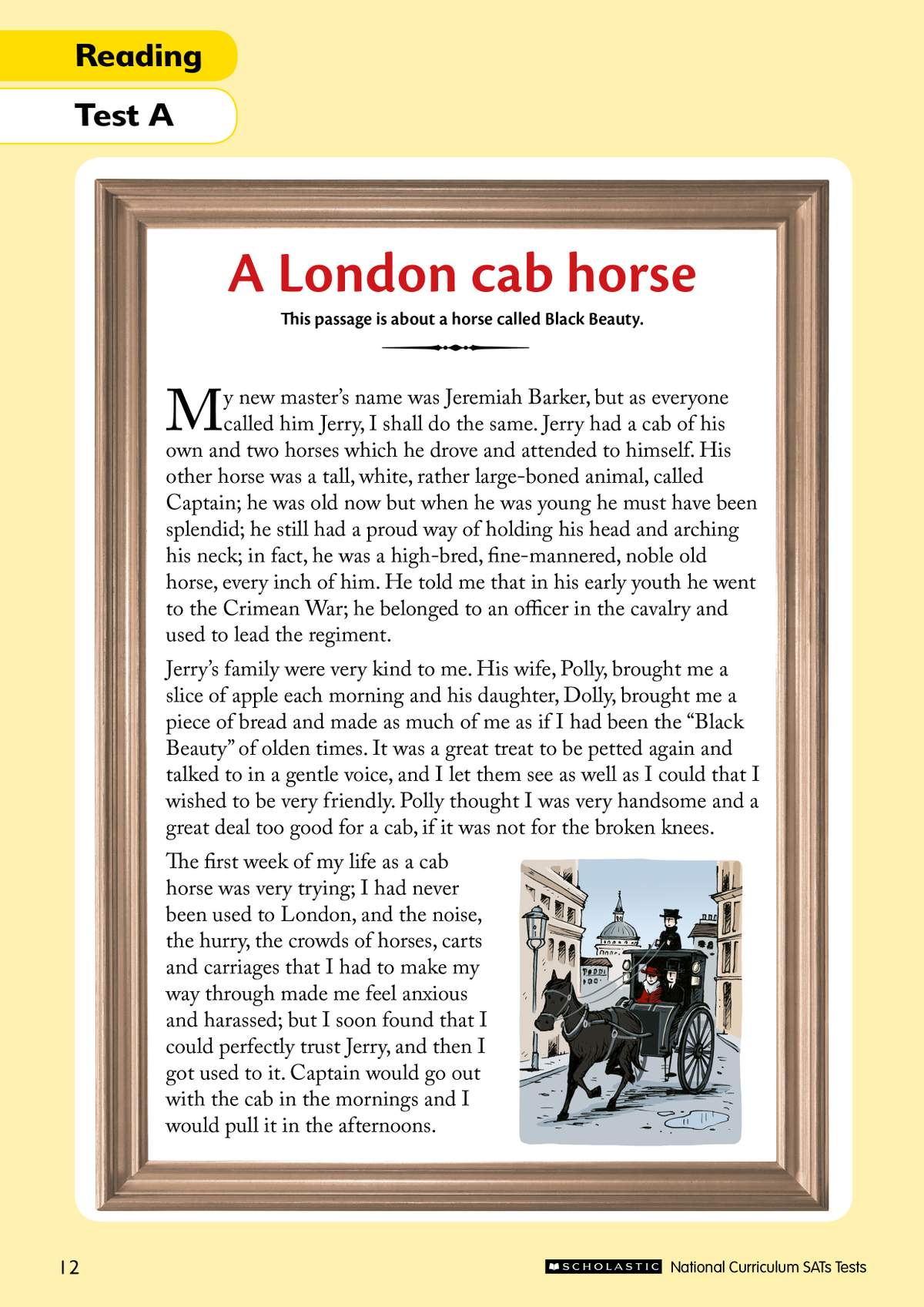A reading passage about a horse named Black Beauty, set in London, with a small illustration of a cab