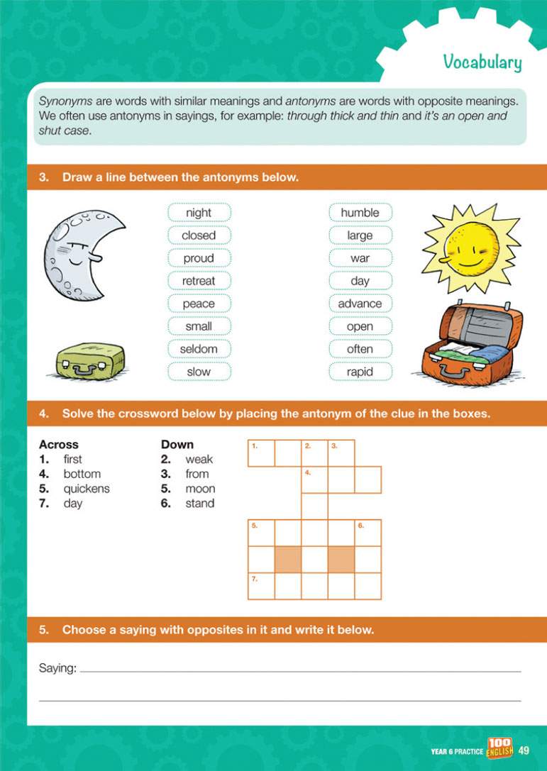 Children match antonyms, solve a crossword and write a saying with opposites to practise vocabulary