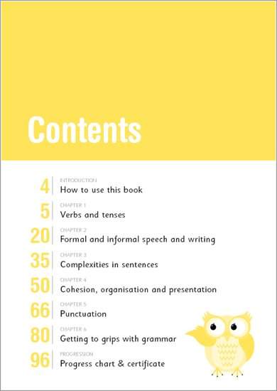 A contents page listing six grammar chapters and a progress chart, with a cartoon owl illustration