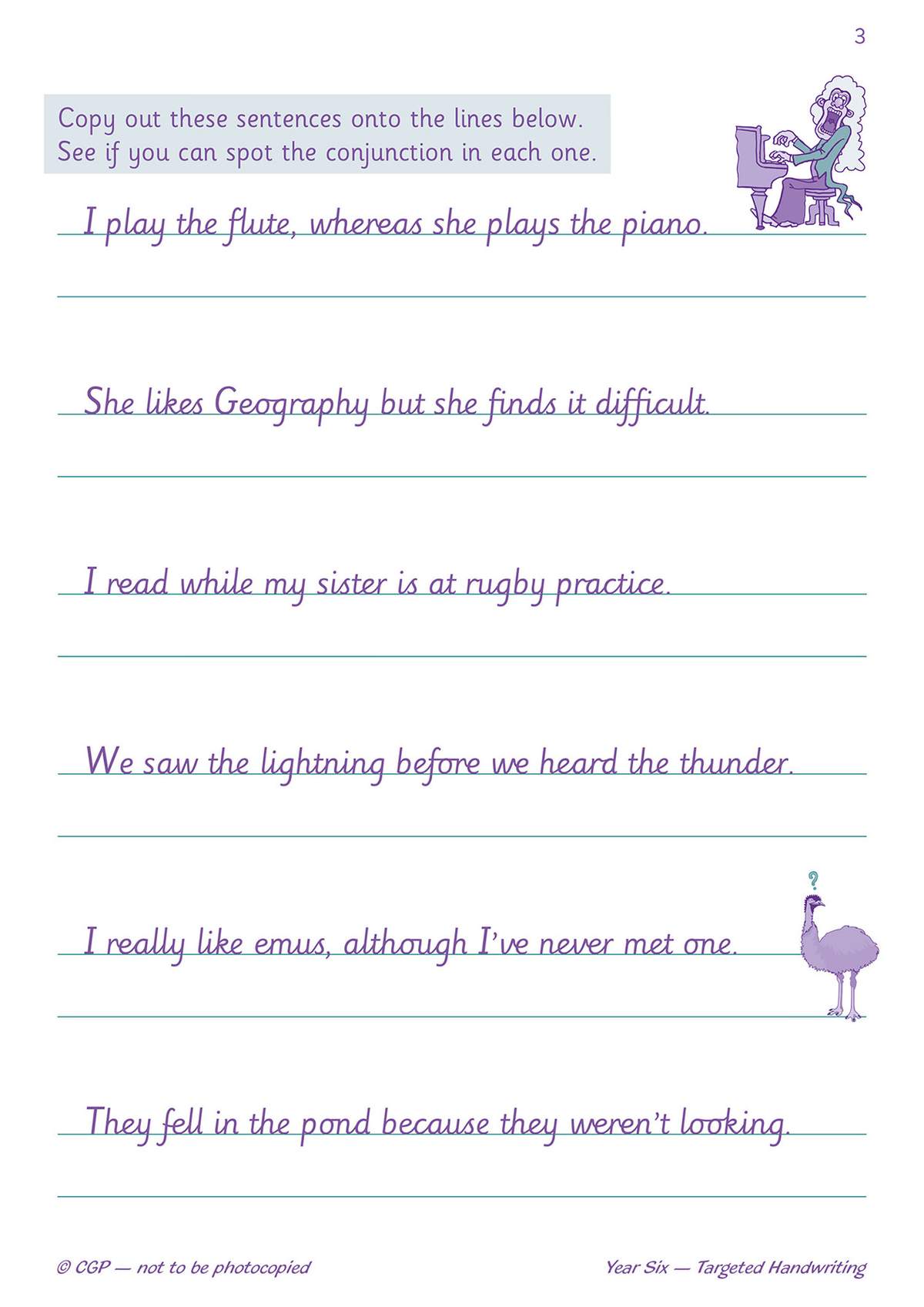 Children copy six sentences onto lined paper, spotting conjunctions as they write