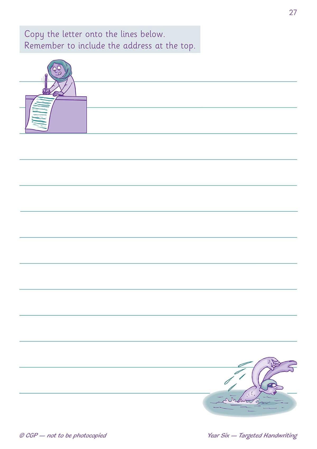 Children copy a letter onto lined paper, including an address block, to practise joined-up writing
