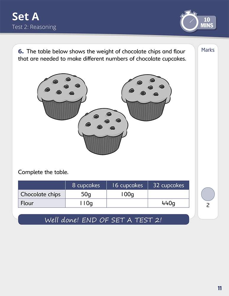 A single reasoning question asks children to complete a table showing ingredient weights for different numbers of cupcakes