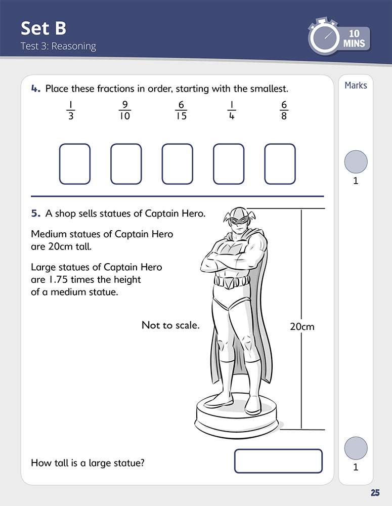 Two reasoning questions on ordering fractions and calculating the height of a superhero statue