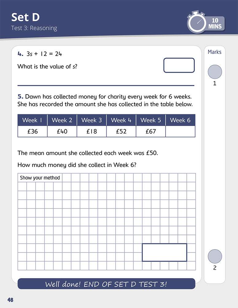 Two reasoning questions on algebra and averages, with a grid for showing working and boxes for final answers