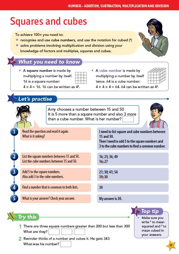 A page teaching squares and cubes, then asking children to solve a word problem and try two more questions