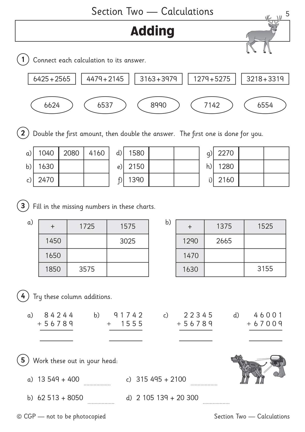 Children match sums to answers, complete tables, and practice column addition and mental maths