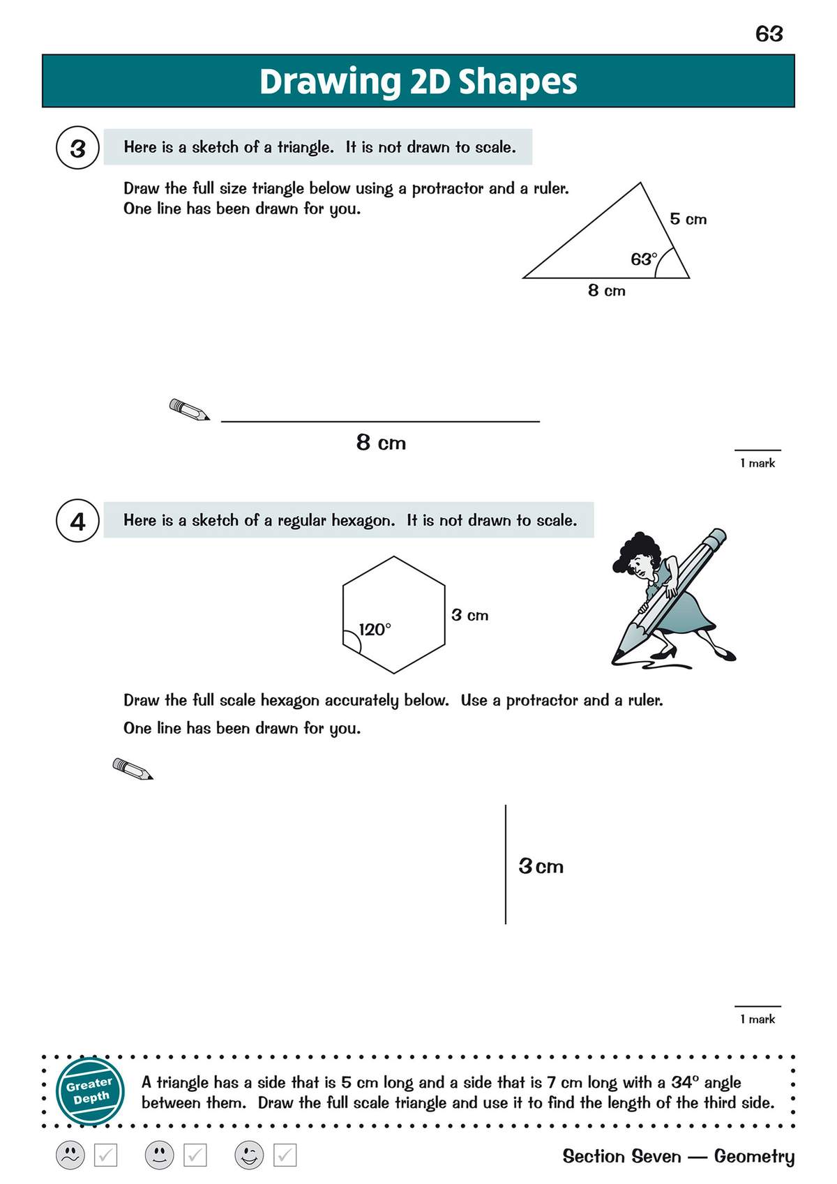 Children draw full-size triangles and hexagons using a protractor and ruler, then solve a 'Greater Depth' triangle problem