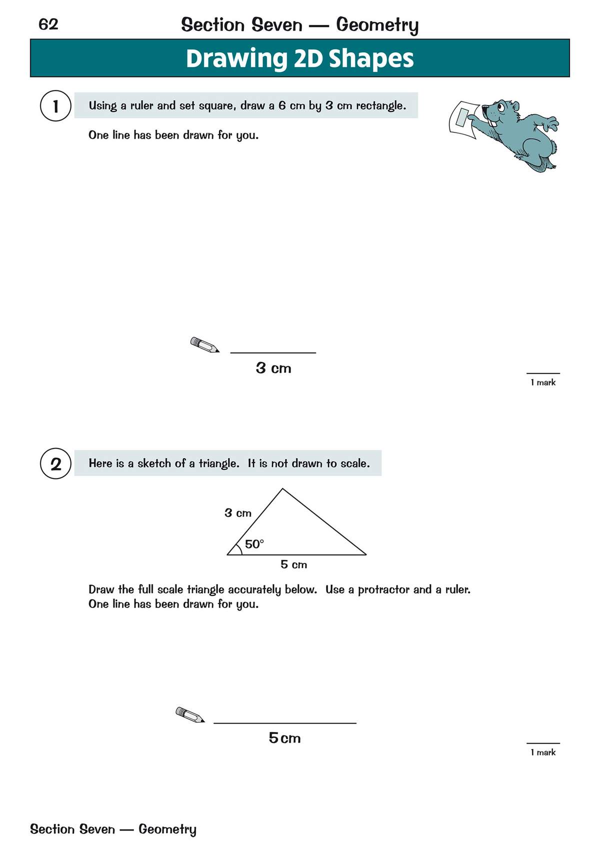 Two geometry tasks where children draw a rectangle and a triangle to scale using a ruler and protractor
