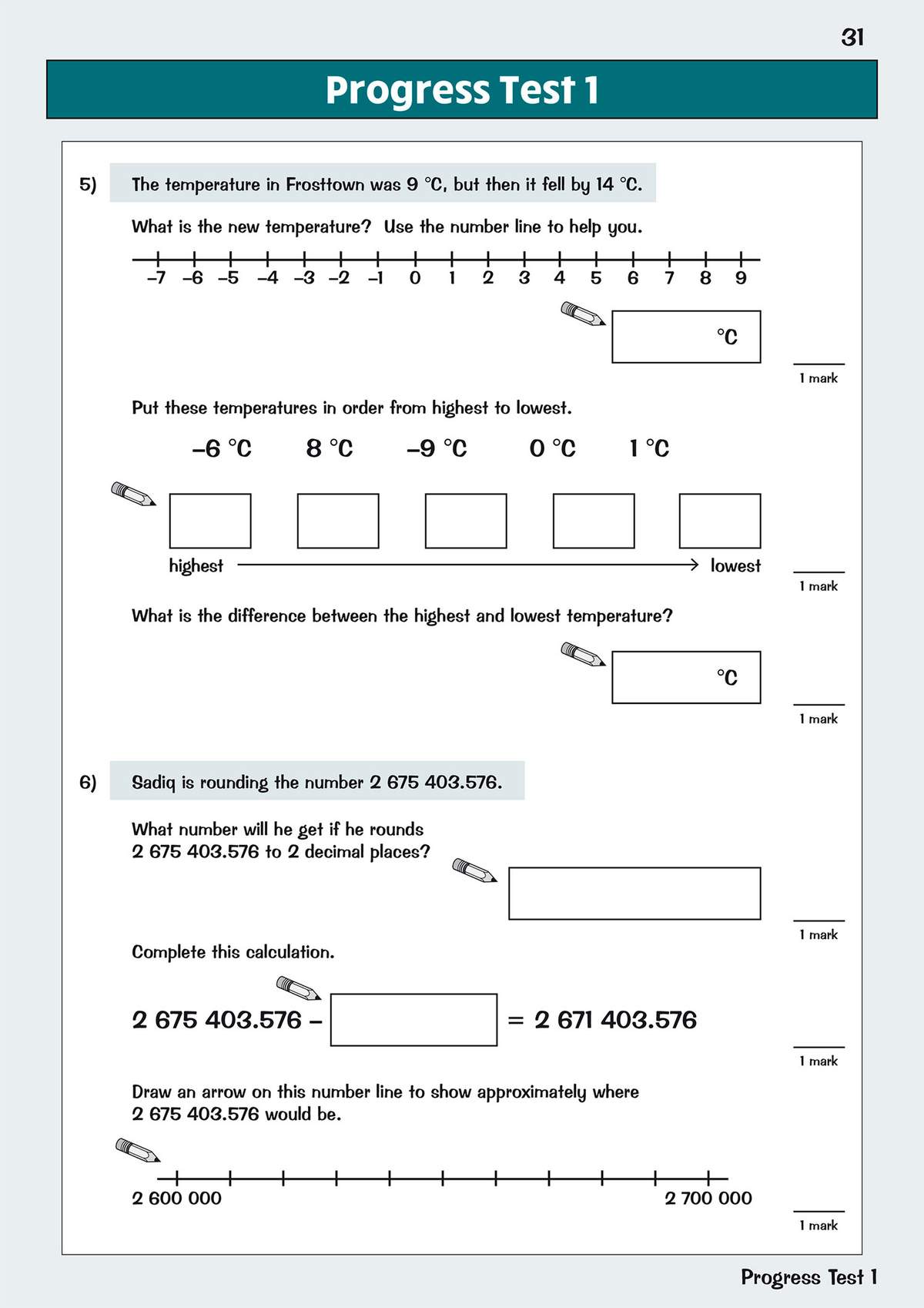 Children calculate temperature changes, order values, and round large decimals to two places using number lines