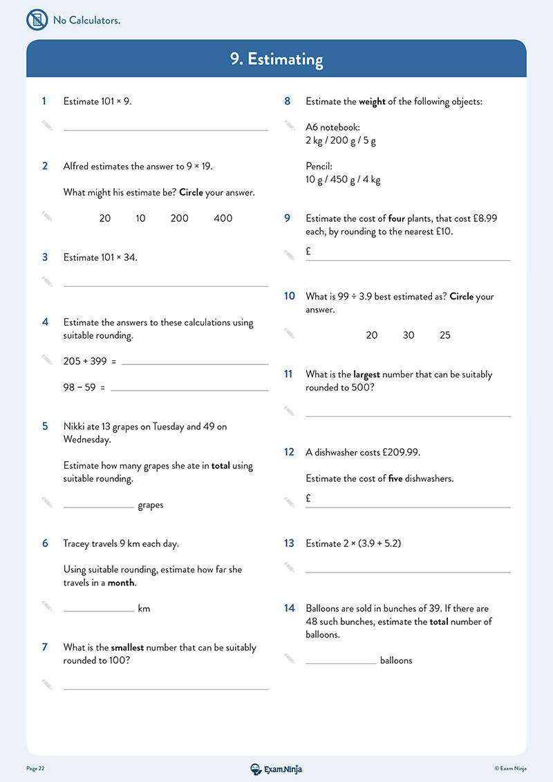 Fourteen questions on estimating sums, products and costs, with some requiring circling the best answer