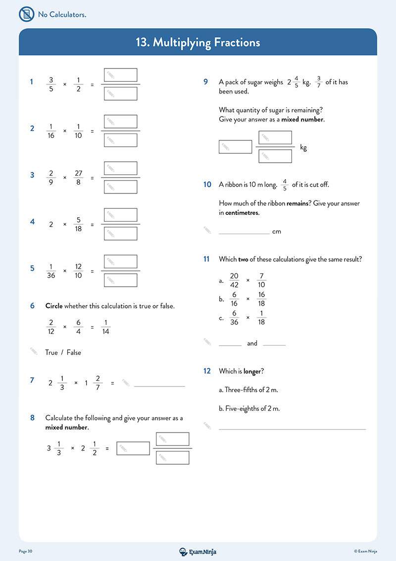 Twelve questions on multiplying fractions, including mixed numbers and word problems, with boxes for answers