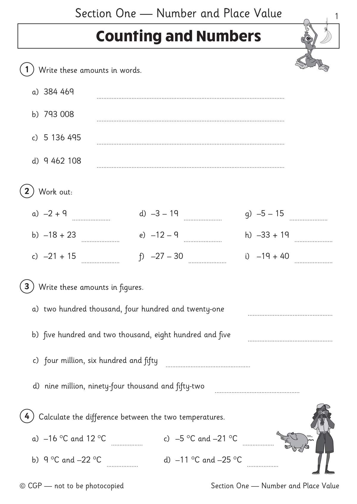Children write large numbers in words and figures, then calculate differences between negative temperatures