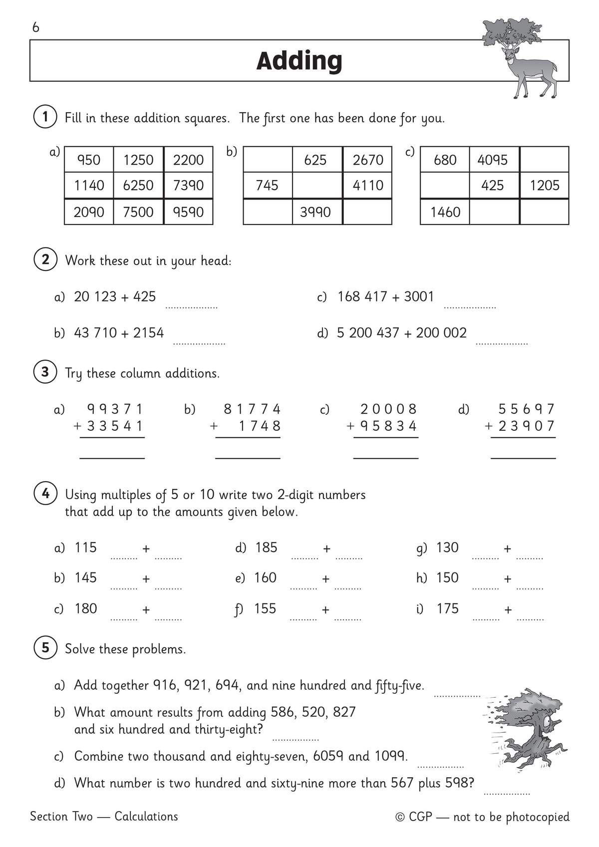 Children complete five addition tasks, including squares, mental sums, column work, and word problems