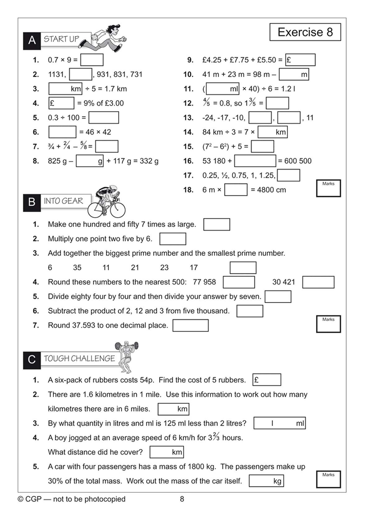 A mixed exercise page covering multiplication, division, fractions, decimals and unit conversions