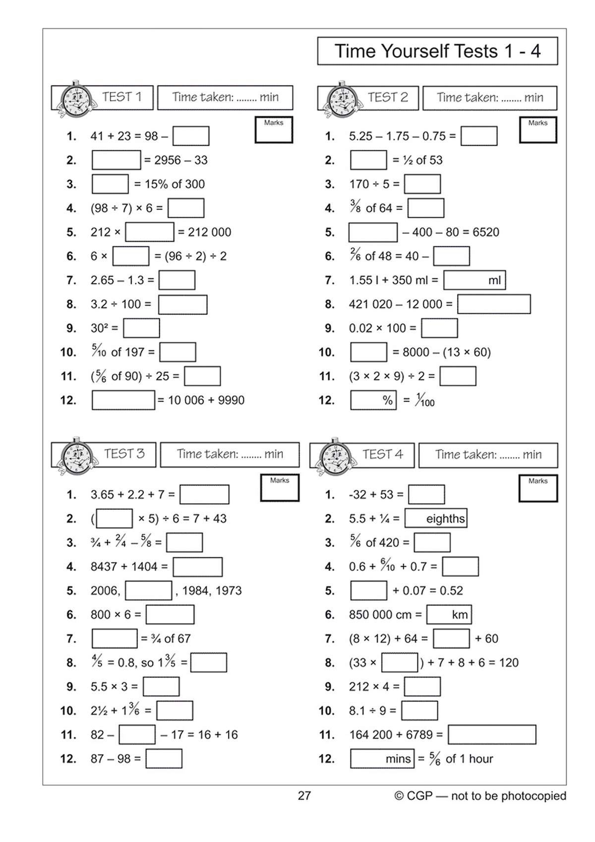 Four timed tests with 12 questions each covering arithmetic, fractions, decimals and conversions