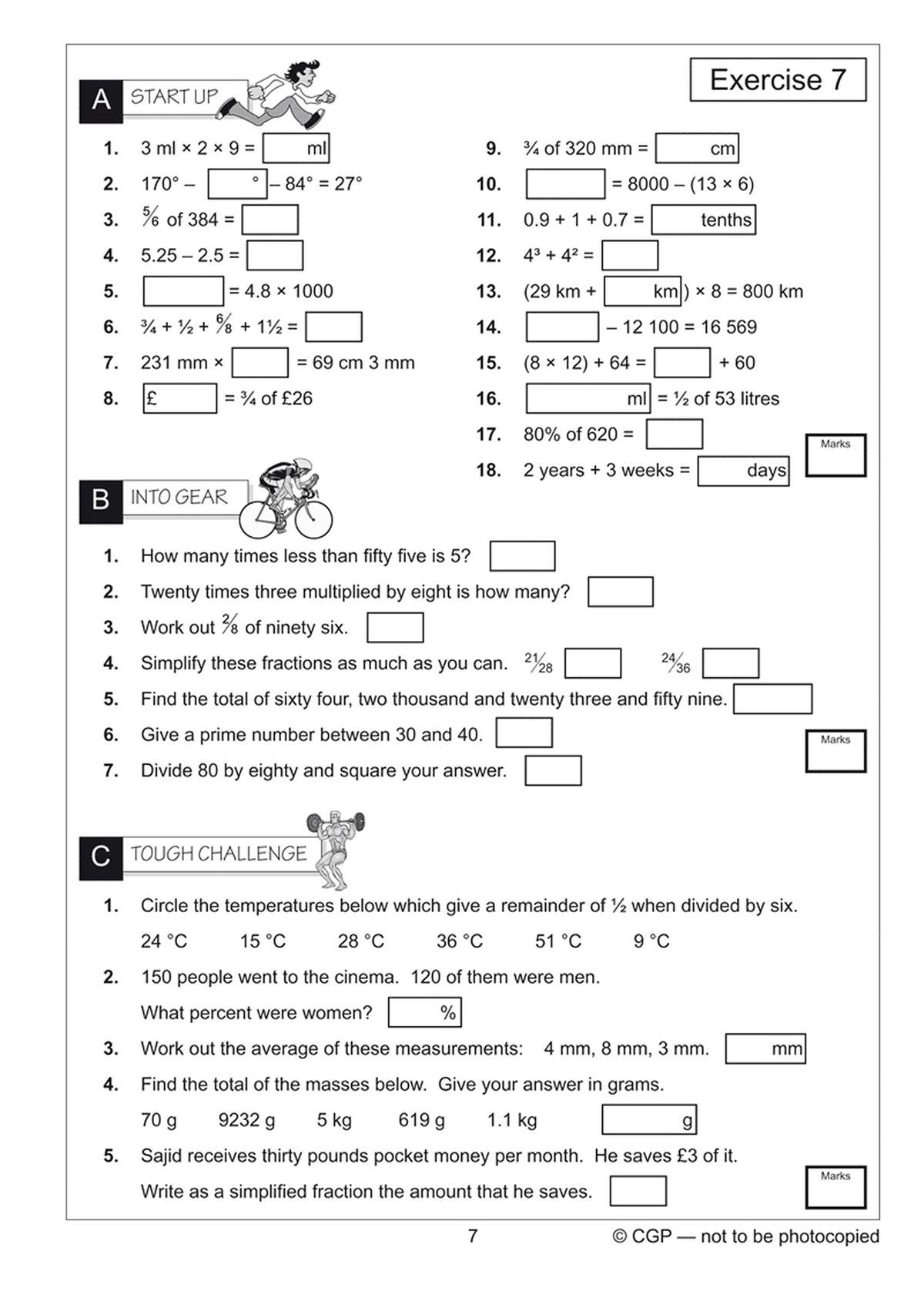 A mixed exercise page with 18 questions covering multiplication, fractions, percentages and unit conversions