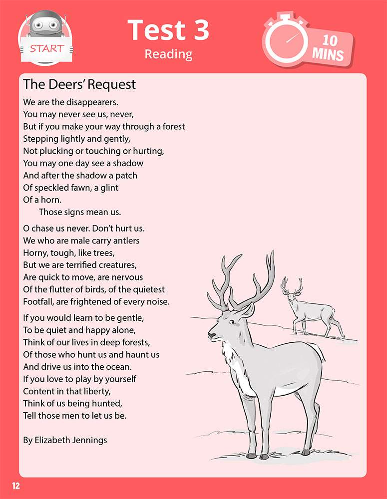 A poem titled The Deers' Request by Elizabeth Jennings, set against a background of cartoon deer