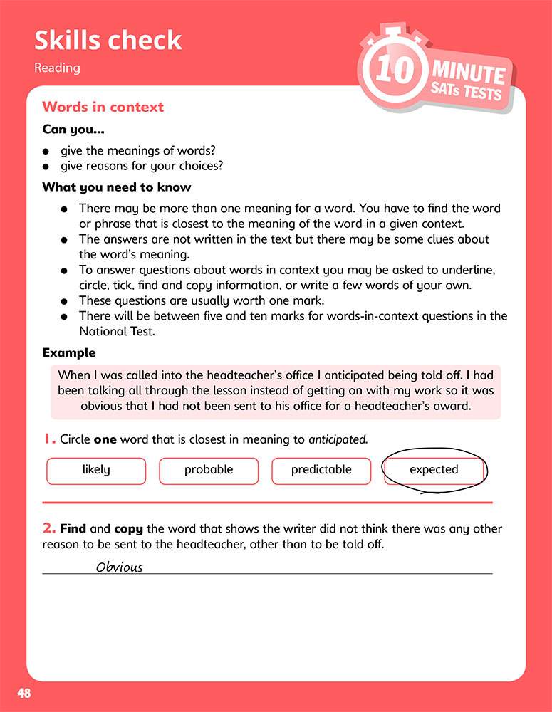 A reading practice page where children circle the best synonym and copy a word from a short text to show understanding