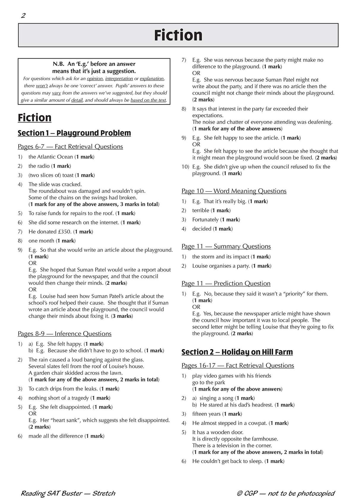 Full answers for the Fiction section, including mark schemes and example responses for fact retrieval