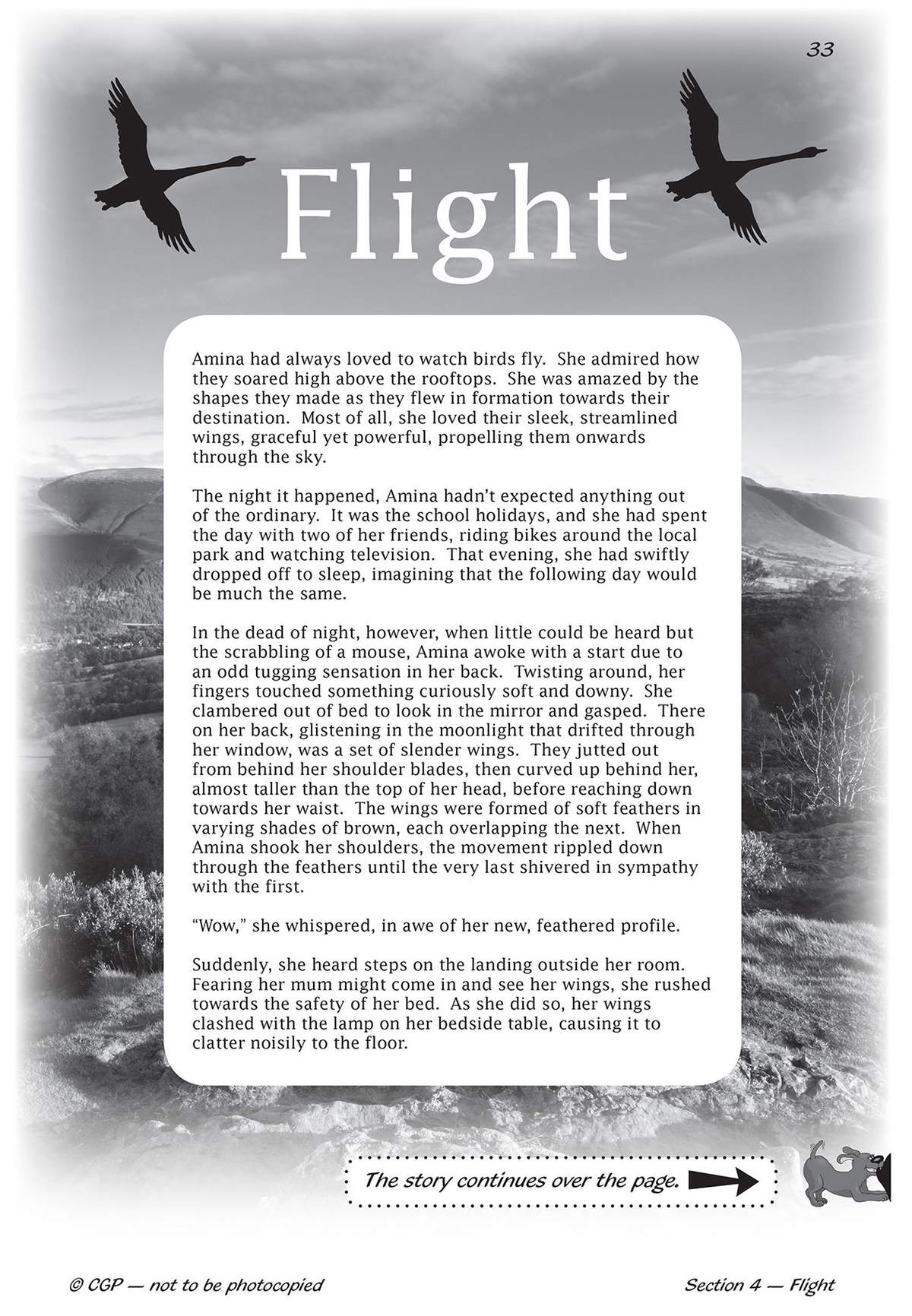 A story about a girl who wakes up with wings, set against a backdrop of flying birds and hills