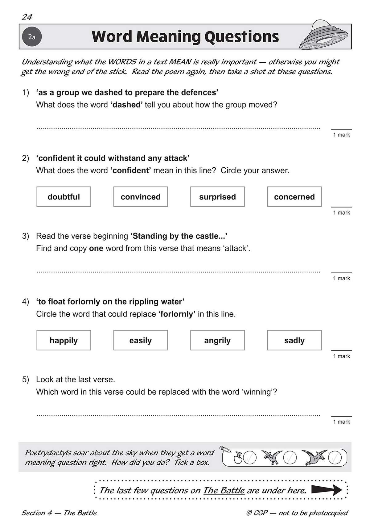 Five questions on word meanings from a poem, including writing answers, circling synonyms and copying a word