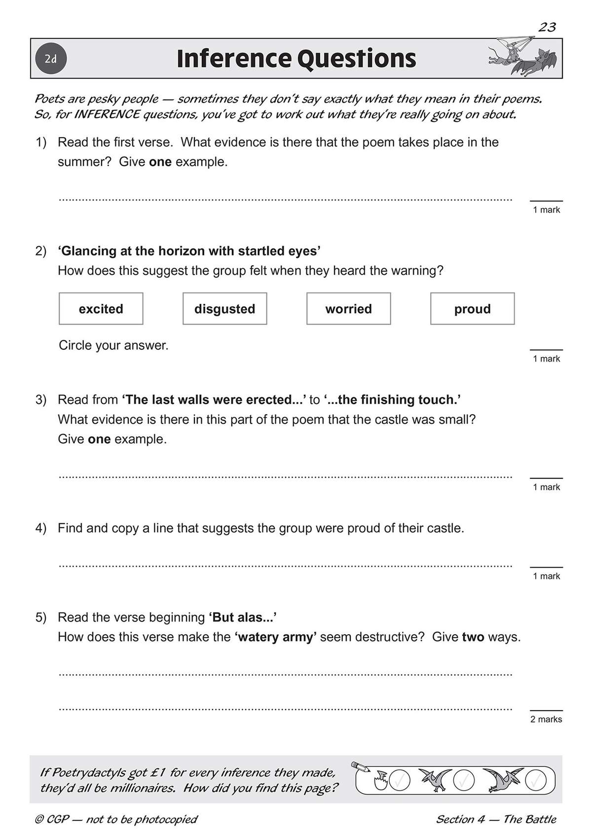 Five inference questions on a poem, requiring short written answers and one multiple-choice selection