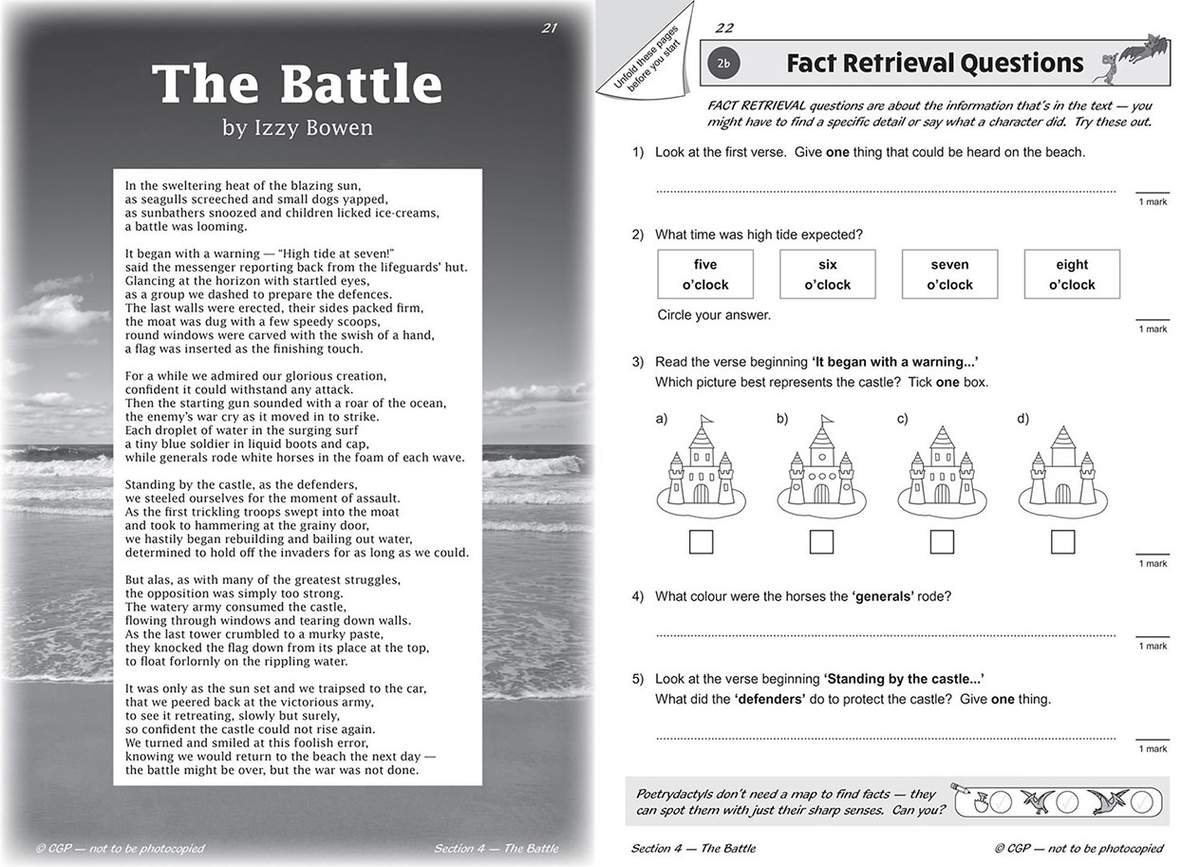Five questions ask children to find details in a poem about a beach battle, including multiple choice and short answers